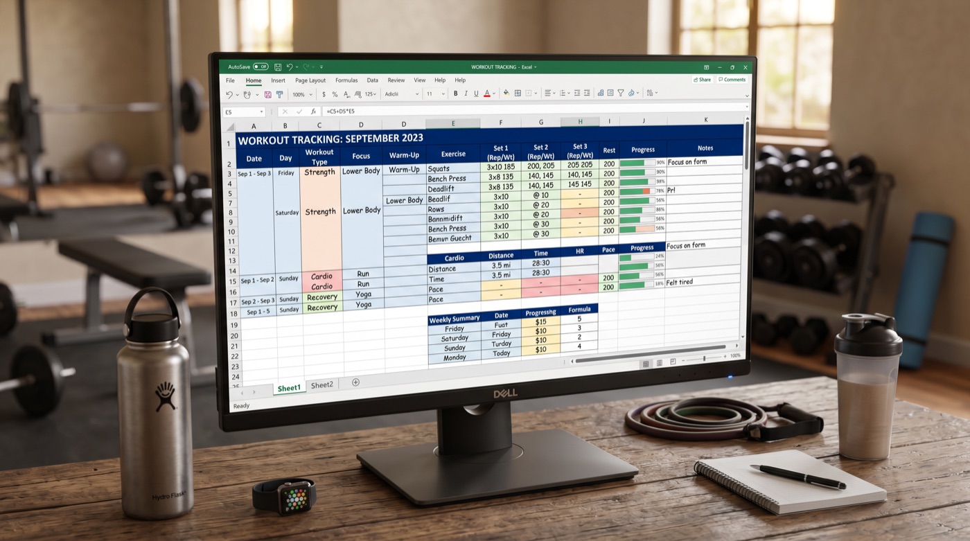 The original workout-tracking spreadsheet, open on a monitor in the gym
